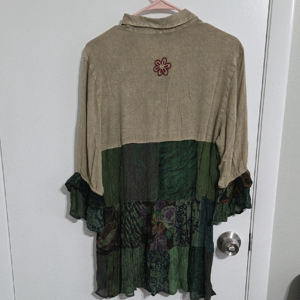 Embroidered Patchwork Button Down Shirt - Green a… - image 4